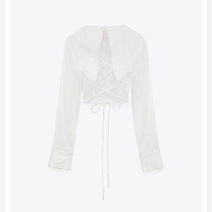 Zara White Satin Long sleeve Open Back Top